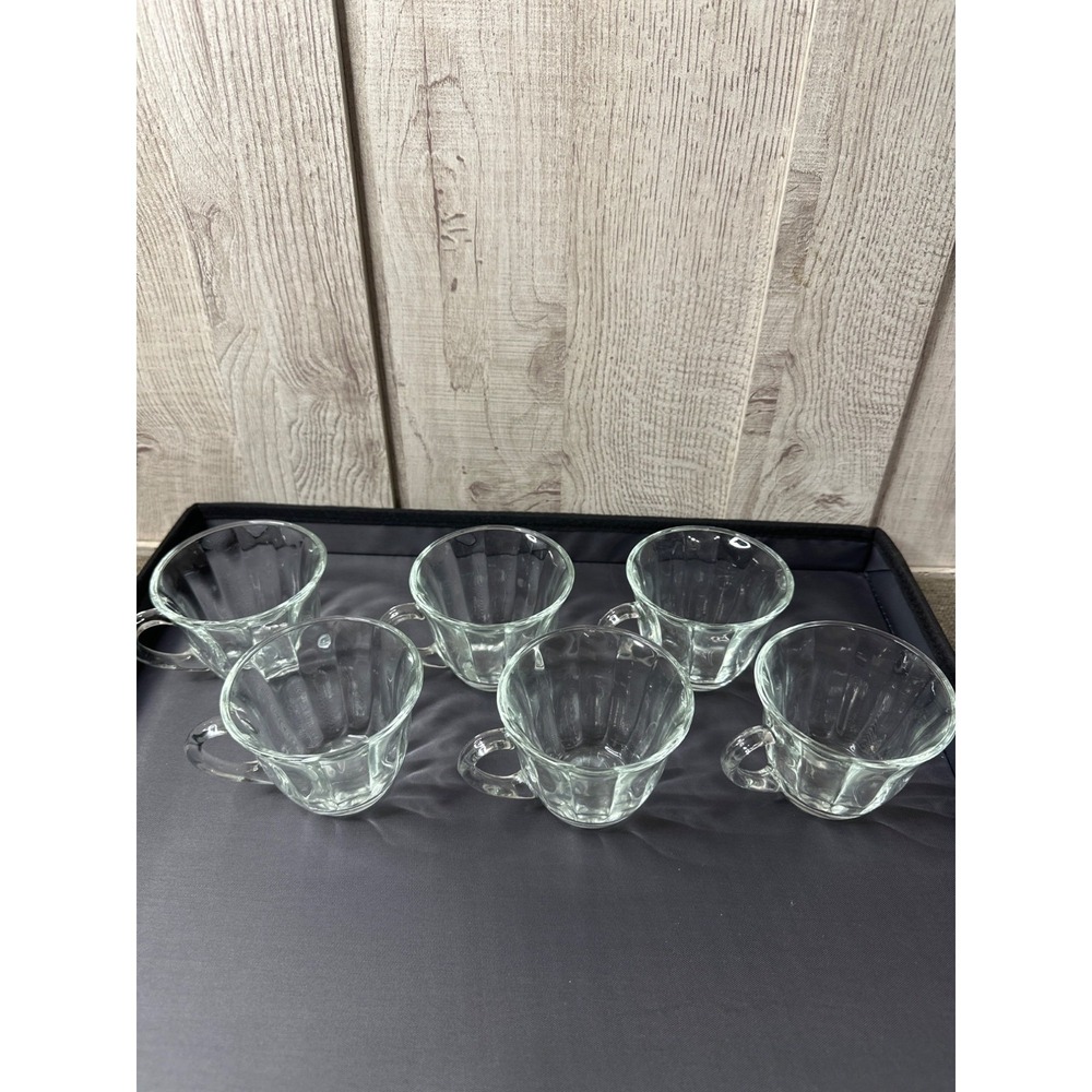 Vintage Set Of 6 Clear Glass Punch Cups With Ribbed Design & Handles